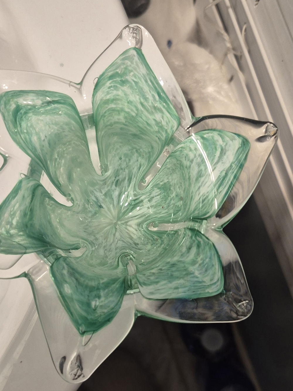 Vintage Murano Style Art Glass Flower Petal Bowl Green Clear MCM
